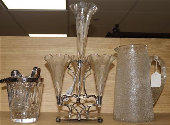 A four-glass plated epergne, a frosted glass jug with ice insert, a glass ice bucket, etc. (some faults)